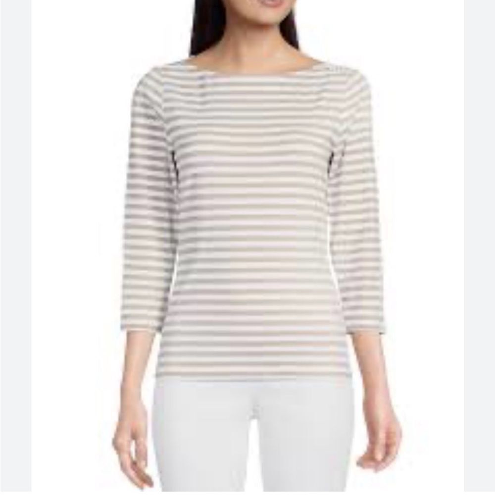 J. Jill Cream and Gray Striped Long Sleeve Top